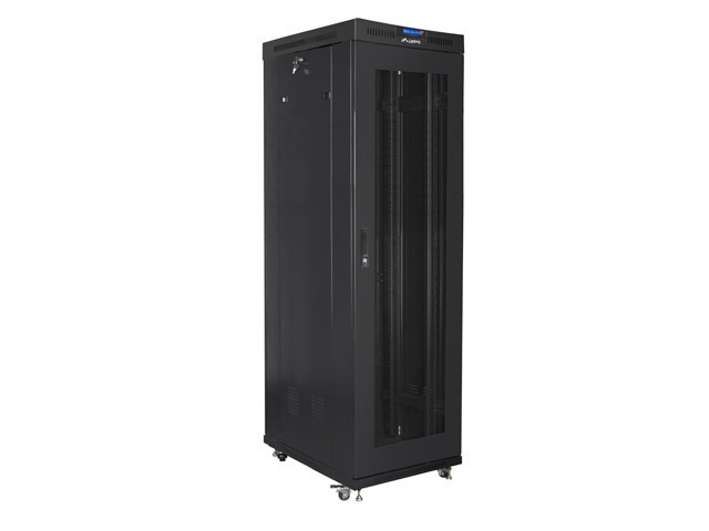 Lanberg FF01-6042-23BL 19" 27U SZÉL:600mm MÉLY:1200mm MAG:1438mm lapraszerelt LCD üvegajtós fekete rack szekrény