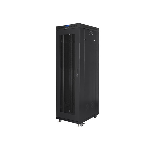 Lanberg FF01-6042-23BL 19" 27U SZÉL:600mm MÉLY:1200mm MAG:1438mm lapraszerelt LCD üvegajtós fekete rack szekrény