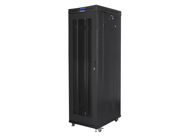 Lanberg FF01-6042-23BL 19" 27U SZÉL:600mm MÉLY:1200mm MAG:1438mm lapraszerelt LCD üvegajtós fekete rack szekrény