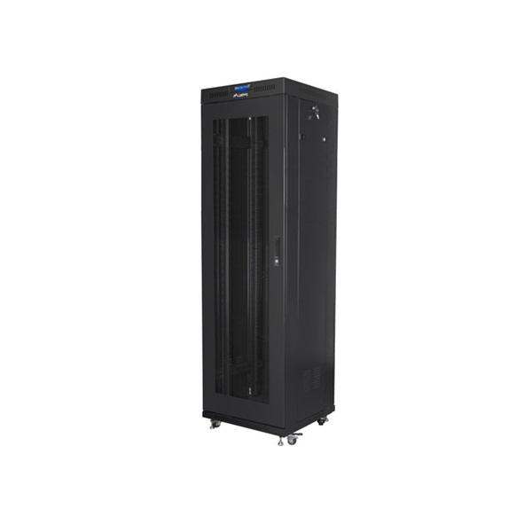 Lanberg FF01-6642-23BL 19" 42U SZÉL:600mm MÉLY:600mm MAG:2127mm lapraszerelt LCD hálós fémajtós fekete rack szekrény