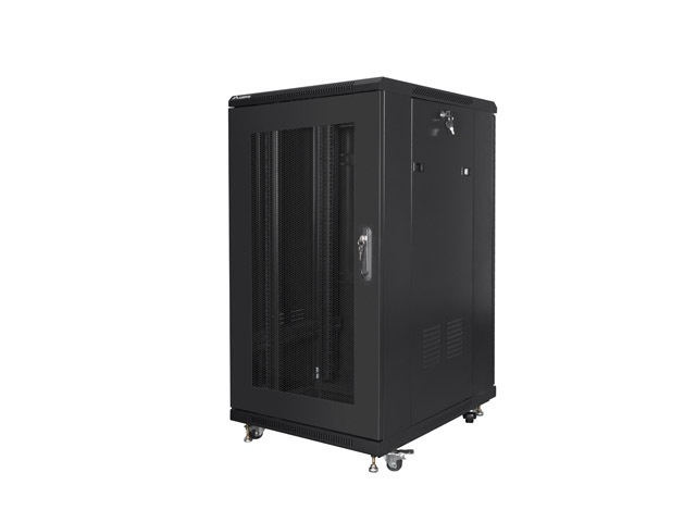 Lanberg FF01-6822-23B 19" 22U SZÉL:600mm MÉLY:800mm MAG:1159mm lapraszerelt hálós fémajtós fekete rack szekrény