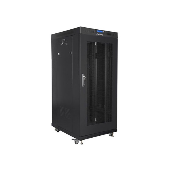 Lanberg FF01-6827-23BL 19" 27U SZÉL:600mm MÉLY:800mm MAG:1431mm lapraszerelt LCD hálós fémajtós fekete rack szekrény