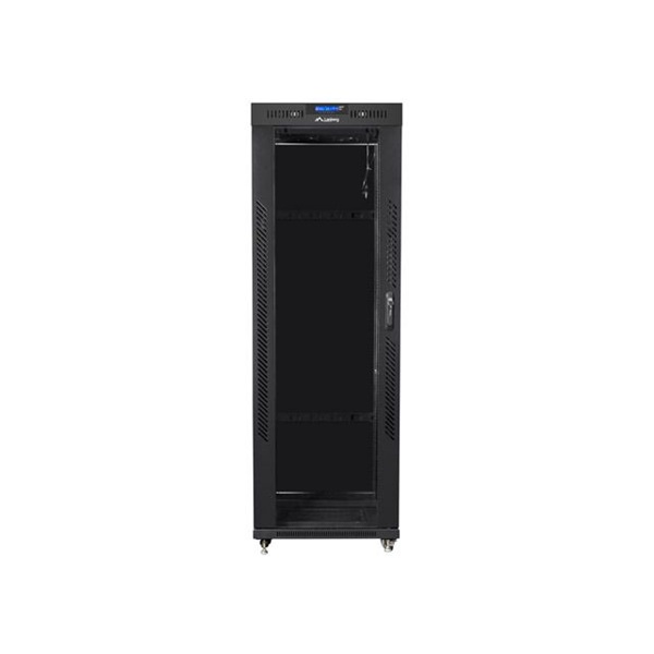 Lanberg FF01-6837-12BL 19" 37U SZÉL:600mm MÉLY:800mm MAG:1876mm lapraszerelt LCD üvegajtós fekete rack szekrény