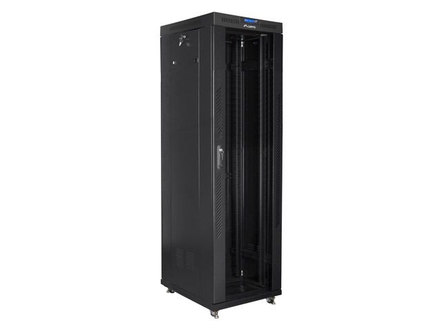 Lanberg FF01-6842-12BL 19" 42U SZÉL:600mm MÉLY:800mm MAG:2097mm lapraszerelt LCD üvegajtós fekete rack szekrény
