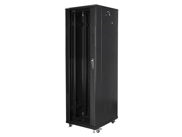Lanberg FF01-6842-12B 19" 42U SZÉL:600mm MÉLY:800mm MAG:2047mm lapraszerelt üvegajtós fekete rack szekrény