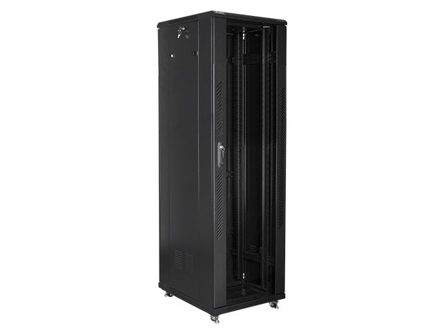 Lanberg FF01-6842-12B 19" 42U SZÉL:600mm MÉLY:800mm MAG:2047mm lapraszerelt üvegajtós fekete rack szekrény
