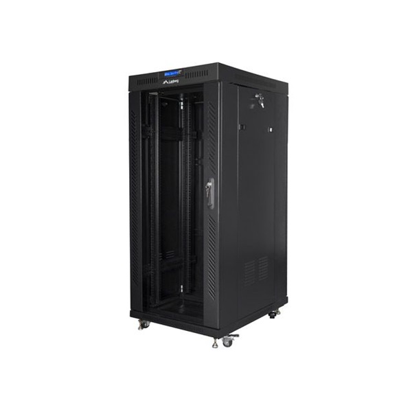 Lanberg FF01-8027-12BL 19" 27U SZÉL:800mm MÉLY:1000mm MAG:1431mm lapraszerelt LCD üvegajtós fekete rack szekrény