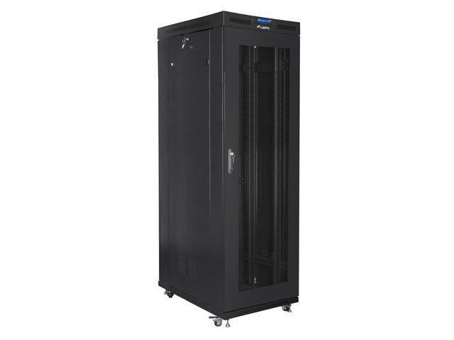 Lanberg FF01-8027-23BL 19" 27U SZÉL:800mm MÉLY:1000mm MAG:1438mm lapraszerelt LCD hálós fémajtós fekete rack szekrény