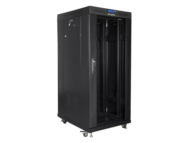Lanberg FF01-8227-12BL 19" 27U SZÉL:800mm MÉLY:1200mm MAG:1438mm lapraszerelt LCD üvegajtós fekete rack szekrény