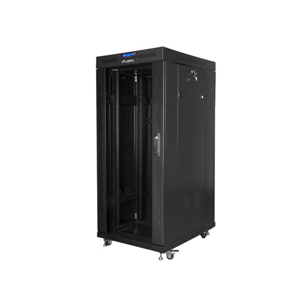 Lanberg FF01-8227-12BL 19" 27U SZÉL:800mm MÉLY:1200mm MAG:1438mm lapraszerelt LCD üvegajtós fekete rack szekrény