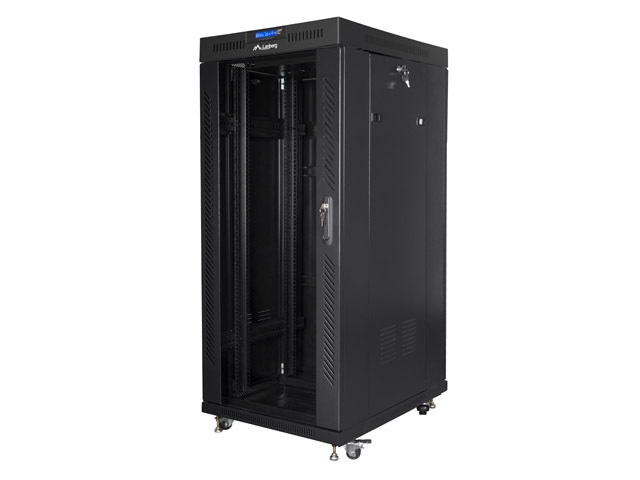Lanberg FF01-8227-12BL 19" 27U SZÉL:800mm MÉLY:1200mm MAG:1438mm lapraszerelt LCD üvegajtós fekete rack szekrény