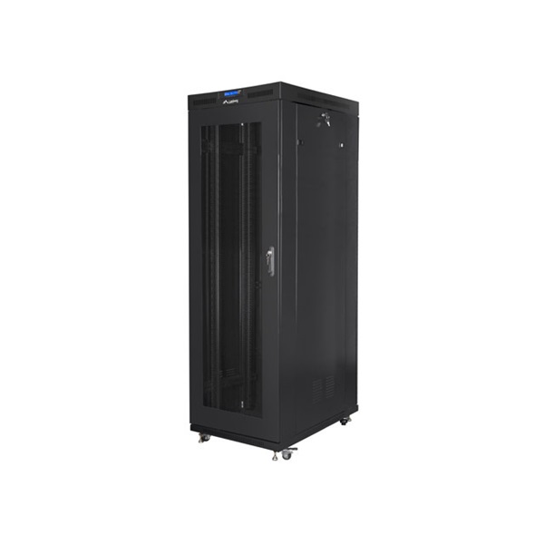 Lanberg FF01-8227-23BL 19" 27Umm SZÉL:800mm MÉLY:1200mm MAG:1438 lapraszerelt LCD hálós fémajtós fekete rack szekrény