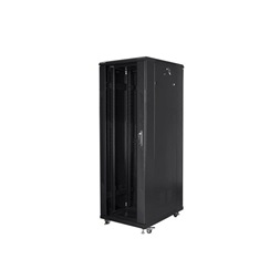 Lanberg FF01-8847-12B 19" 47U SZÉL:800mm MÉLY:800mm MAG:2270mm lapraszerelt üvegajtós fekete rack szekrény