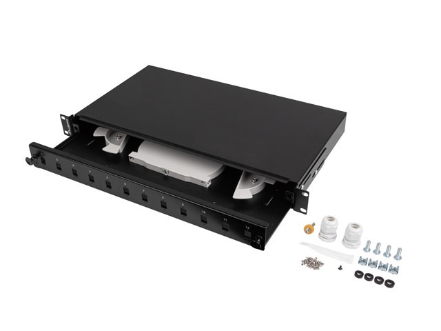 Lanberg FOP1-12SS-LDB 19" 1U 12xSC simplex vagy 12xLC duplex fekete kihúzható optikai üres patch panel