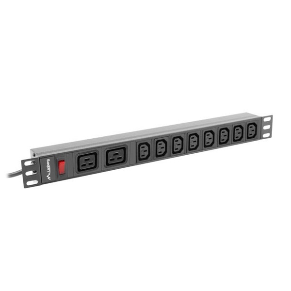 Lanberg PDU-02I1908I-0200-C20-BK 2m vezeték 19"/1U 2xC19 8xC13 aljzat C20 csatlakozóvéggel fekete elosztósor kapcsolóval