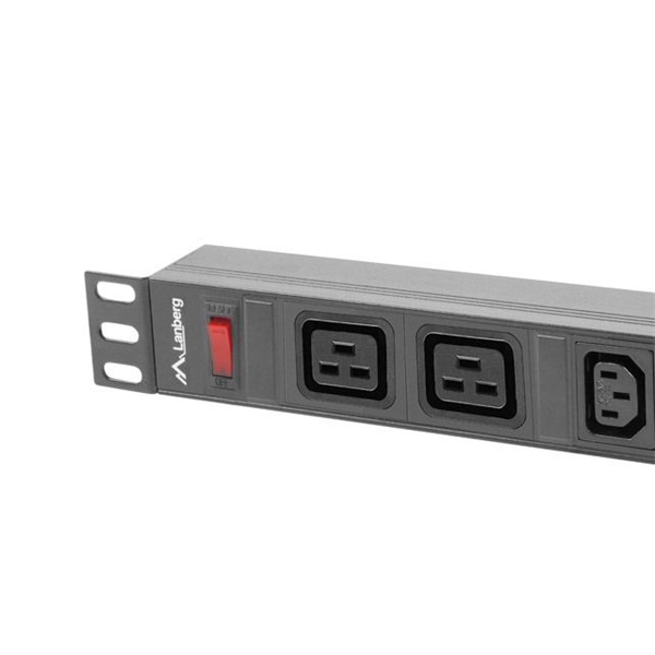 Lanberg PDU-02I1908I-0200-C20-BK 2m vezeték 19"/1U 2xC19 8xC13 aljzat C20 csatlakozóvéggel fekete elosztósor kapcsolóval