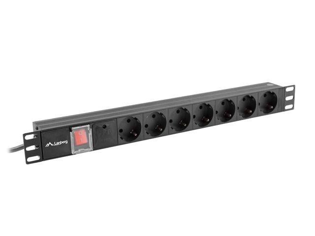 Lanberg PDU-07F-0200-IEC-BK 2m vezetékkel 19"/1U 7xSchuko aljzat C14 csatlakozóvéggel fekete elosztósor kapcsolóval