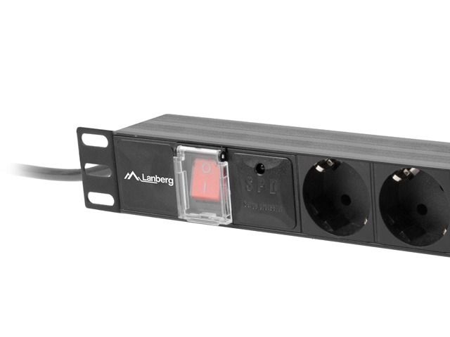 Lanberg PDU-07F-0200-IEC-BK 2m vezetékkel 19"/1U 7xSchuko aljzat C14 csatlakozóvéggel fekete elosztósor kapcsolóval