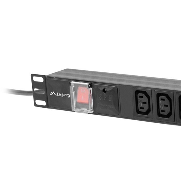 Lanberg PDU-10I-0200-IEC-BK 2m vezetékkel 19"/1U 10xC13 aljzat C14 csatlakozóvéggel fekete elosztósor kapcsolóval