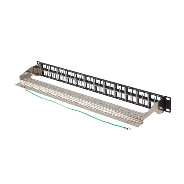 Lanberg PPKS-1248-B 19"/1U moduláris üres fekete patch panel 24 db FTP Keystone jack fogadására, kábeltartóval
