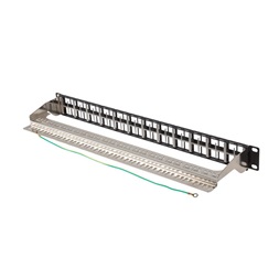 Lanberg PPKS-1248-B 19"/1U moduláris üres fekete patch panel 24 db FTP Keystone jack fogadására, kábeltartóval