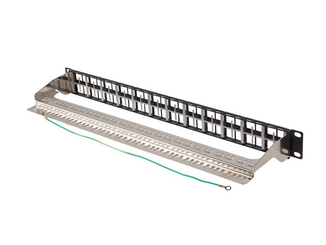 Lanberg PPKS-1248-B 19"/1U moduláris üres fekete patch panel 24 db FTP Keystone jack fogadására, kábeltartóval