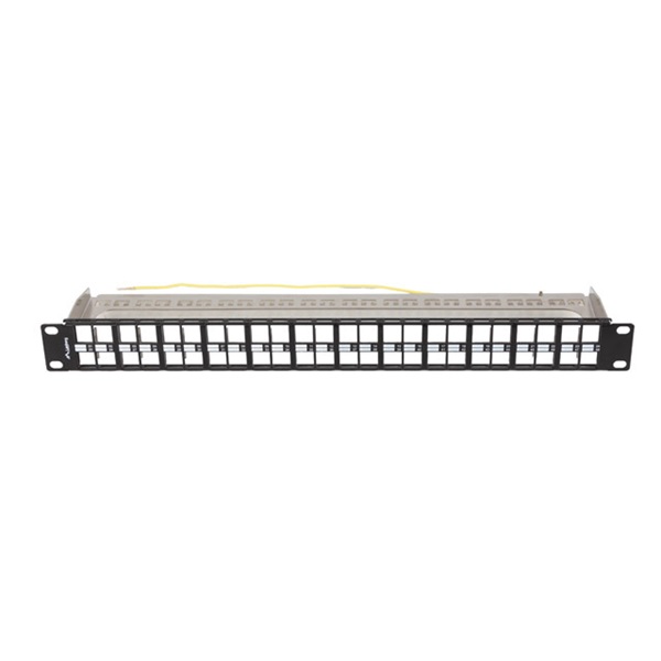 Lanberg PPKS-1248-B 19"/1U moduláris üres fekete patch panel 24 db FTP Keystone jack fogadására, kábeltartóval