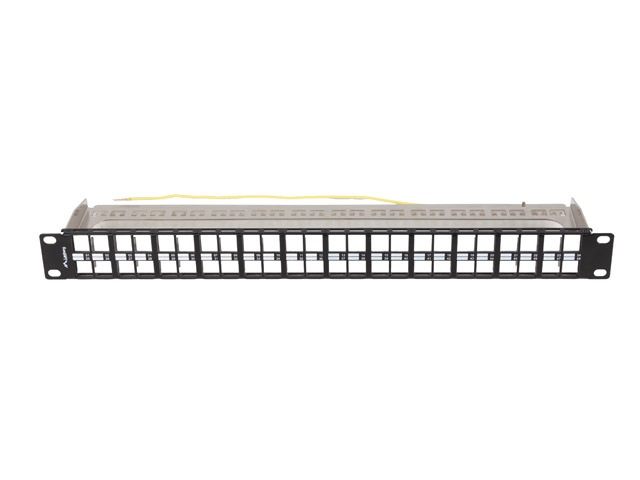Lanberg PPKS-1248-B 19"/1U moduláris üres fekete patch panel 24 db FTP Keystone jack fogadására, kábeltartóval