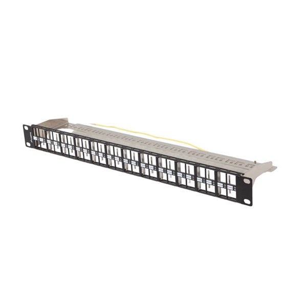 Lanberg PPKS-1248-B 19"/1U moduláris üres fekete patch panel 24 db FTP Keystone jack fogadására, kábeltartóval