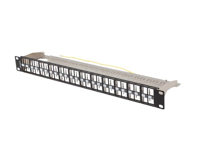 Lanberg PPKS-1248-B 19"/1U moduláris üres fekete patch panel 24 db FTP Keystone jack fogadására, kábeltartóval