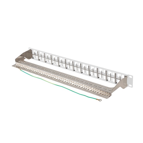 Lanberg PPKS-1248-S 19"/1U moduláris üres szürke patch panel 24 db  FTP Keystone jack fogadására, kábeltartóval