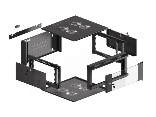 Lanberg WAFA-5604-10B 19" 12U SZÉL:570mm MÉLY:600mm MAG:277mm összeszerelt üvegajtós fekete fali rack szekrény