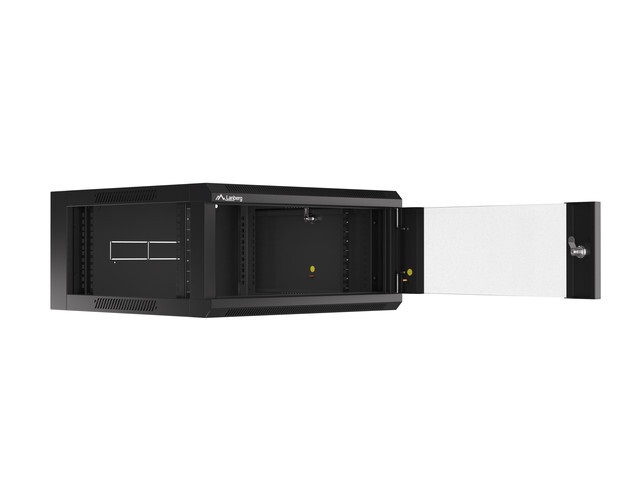 Lanberg WAFA-5604-10B 19" 12U SZÉL:570mm MÉLY:600mm MAG:277mm összeszerelt üvegajtós fekete fali rack szekrény