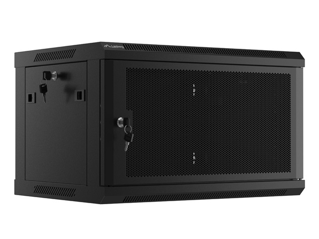 Lanberg WF01-6406-23B 19" 6U SZÉL:600mm MÉLY:450mm MAG:379mm lapraszerelt perforált ajtós fekete fali rack szekrény