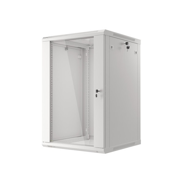 Lanberg WF01-6618-10S 19" 18U SZÉL:600mm MÉLY:600mm MAG:907mm lapraszerelt üvegajtós szürke fali rack szekrény