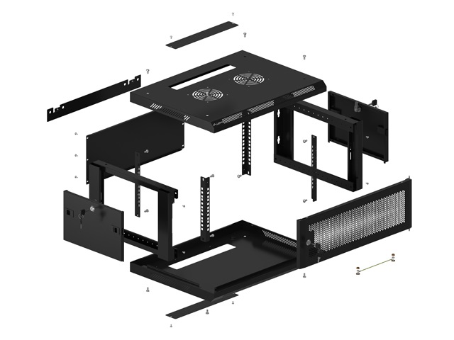 Lanberg WF01-6404-23B 19" 4U SZÉL:600mm MÉLY:450mm MAG:512mm lapraszerelt perforált ajtós fekete fali rack szekrény