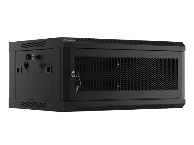 Lanberg WF01-6404-23B 19" 4U SZÉL:600mm MÉLY:450mm MAG:512mm lapraszerelt perforált ajtós fekete fali rack szekrény
