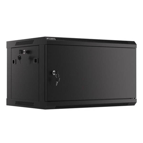 Lanberg WF01-6406-00B 19" 6U SZÉL:600mm MÉLY:450mm MAG:600mm lapraszerelt fémajtós fekete fali rack szekrény