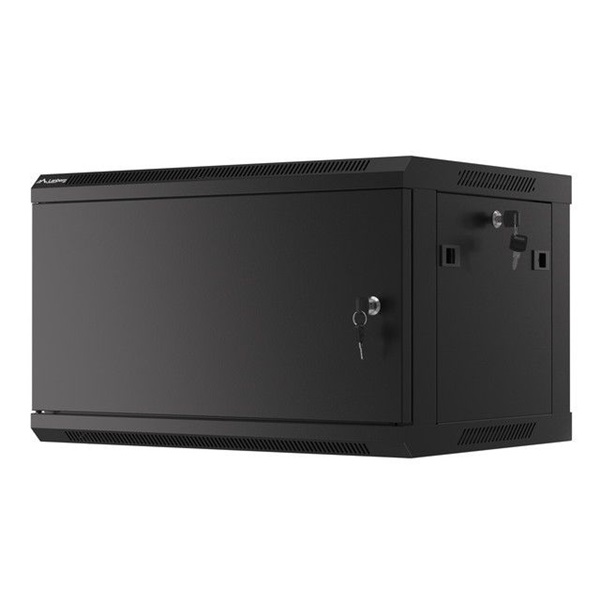 Lanberg WF01-6406-00B 19" 6U SZÉL:600mm MÉLY:450mm MAG:600mm lapraszerelt fémajtós fekete fali rack szekrény