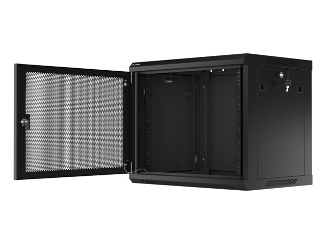 Lanberg WF01-6409-23B 19" 9U SZÉL:600mm MÉLY:450mm MAG:512mm lapraszerelt perforált ajtós fekete fali rack szekrény