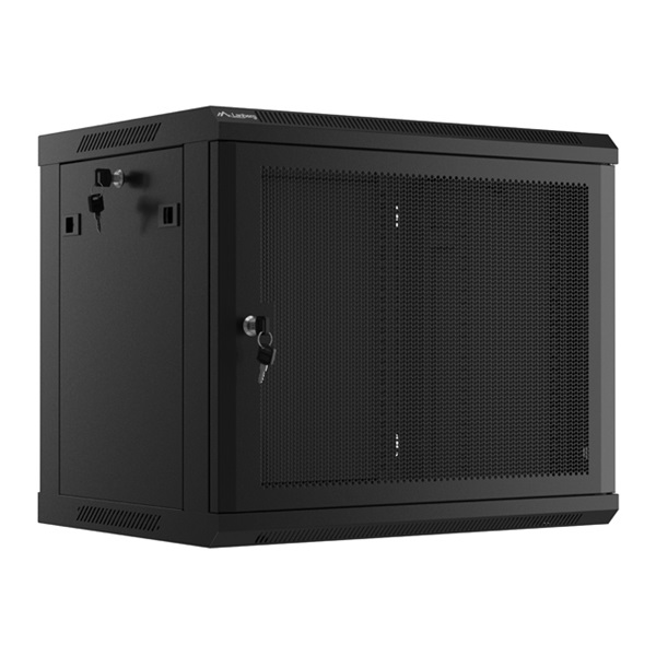Lanberg WF01-6409-23B 19" 9U SZÉL:600mm MÉLY:450mm MAG:512mm lapraszerelt perforált ajtós fekete fali rack szekrény