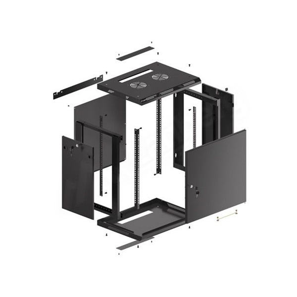 Lanberg WF01-6412-00B 19" 12U SZÉL:600mm MÉLY:450mm MAG:645mm lapraszerelt fémajtós fekete fali rack szekrény