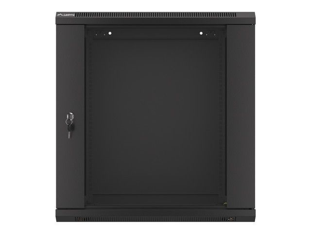 Lanberg WF01-6412-10B 19" 12U SZÉL:600mm MÉLY:450mm MAG:640mm lapraszerelt üvegajtós fekete fali rack szekrény