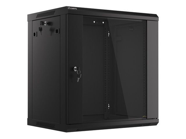 Lanberg WF01-6412-10B 19" 12U SZÉL:600mm MÉLY:450mm MAG:640mm lapraszerelt üvegajtós fekete fali rack szekrény
