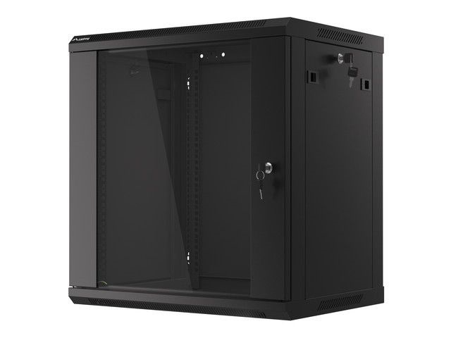 Lanberg WF01-6412-10B 19" 12U SZÉL:600mm MÉLY:450mm MAG:640mm lapraszerelt üvegajtós fekete fali rack szekrény