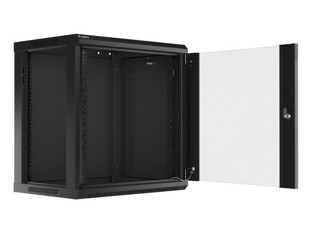 Lanberg WF01-6412-10B 19" 12U SZÉL:600mm MÉLY:450mm MAG:640mm lapraszerelt üvegajtós fekete fali rack szekrény