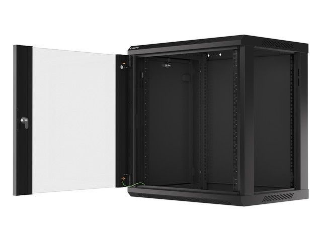 Lanberg WF01-6412-10B 19" 12U SZÉL:600mm MÉLY:450mm MAG:640mm lapraszerelt üvegajtós fekete fali rack szekrény