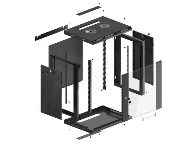 Lanberg WF01-6412-10B 19" 12U SZÉL:600mm MÉLY:450mm MAG:640mm lapraszerelt üvegajtós fekete fali rack szekrény