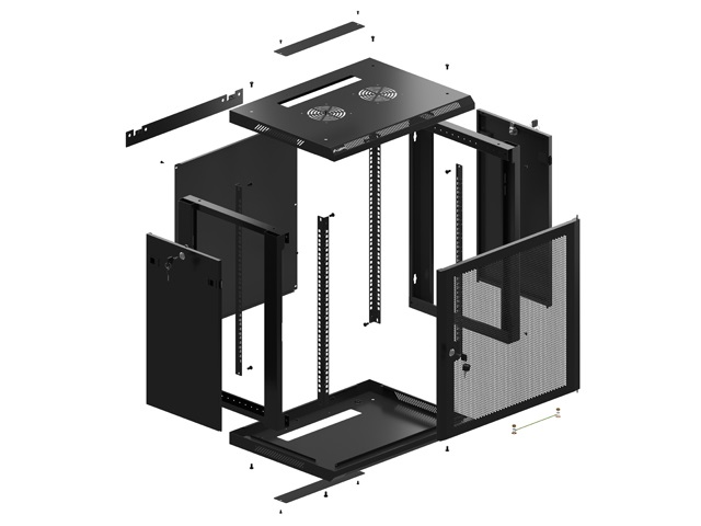 Lanberg WF01-6412-23B 19" 12U SZÉL:600mm MÉLY:450mm MAG:512mm lapraszerelt perforált ajtós fekete fali rack szekrény