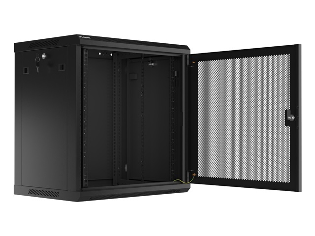 Lanberg WF01-6412-23B 19" 12U SZÉL:600mm MÉLY:450mm MAG:512mm lapraszerelt perforált ajtós fekete fali rack szekrény